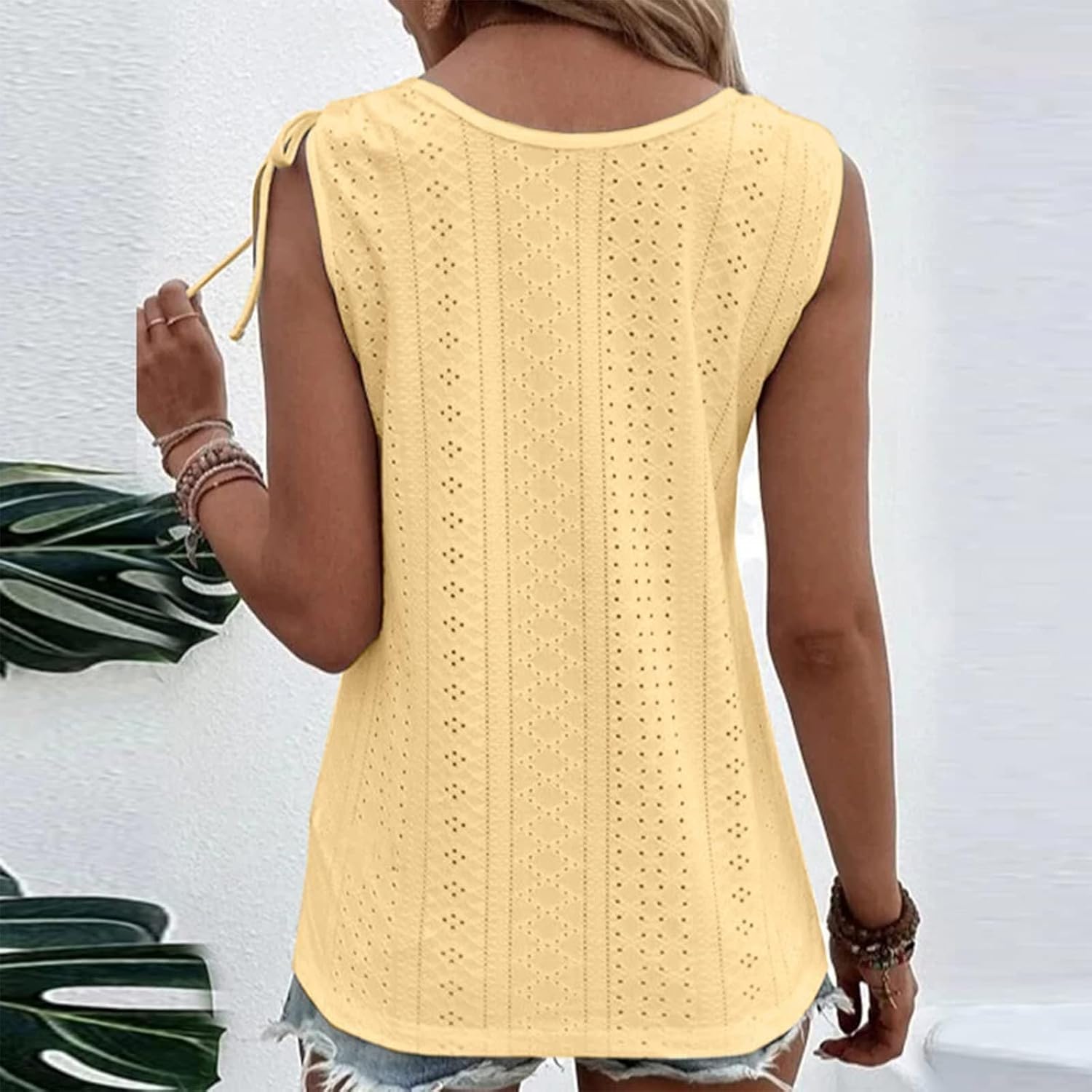 Women Eyelet Tops Sleeveless U Neck Blouse Button Front Tie-Shoulder Shirt Solid Color Summer Tank Cami Blouse image 4