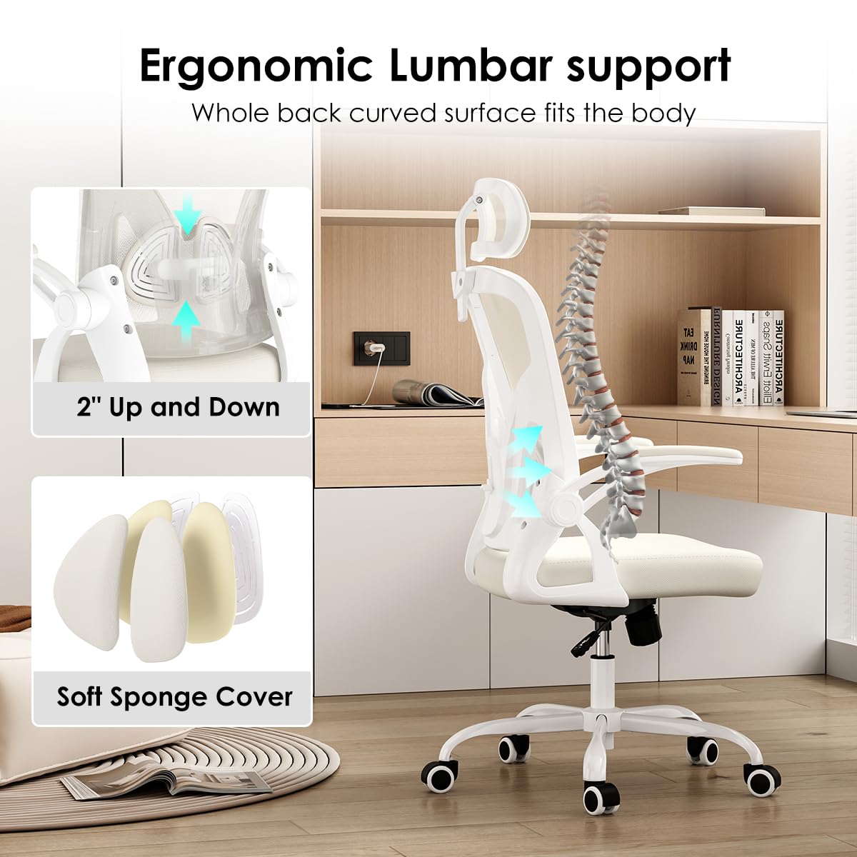 Farini Sedia ergonomica con bracciolo, sedia da scrivania da ufficio con ruote, comoda sedia da casa, ufficio, bianco