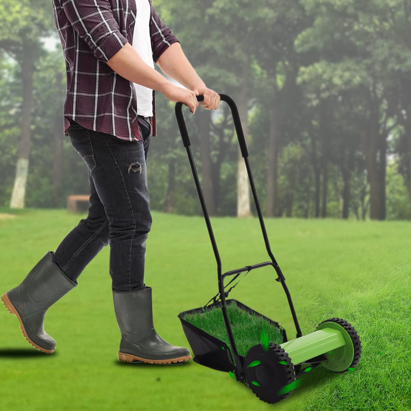 Tosaerba a mano con 5 lame in acciaio, larghezza di taglio 30 cm, altezza regolabile 12-45 mm, con cesto raccoglierba da 23 l, manico ergonomico e ruote antiscivolo, leggero ed ecologico, manuale