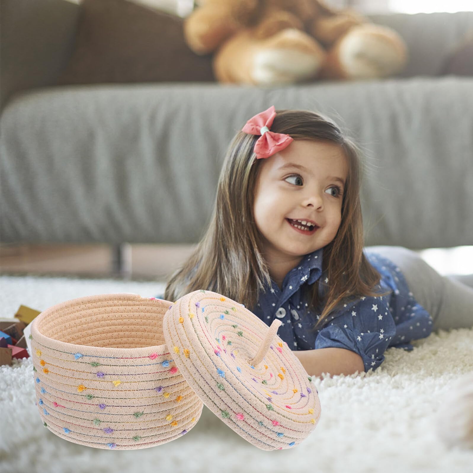 ERINGOGO Set 2 Cesti Porta Giocattoli Intrecciati in Corda di Cotone Coperchio, Contenitori Porta Snack e Organizer Semplice per Casa e Scrivania
