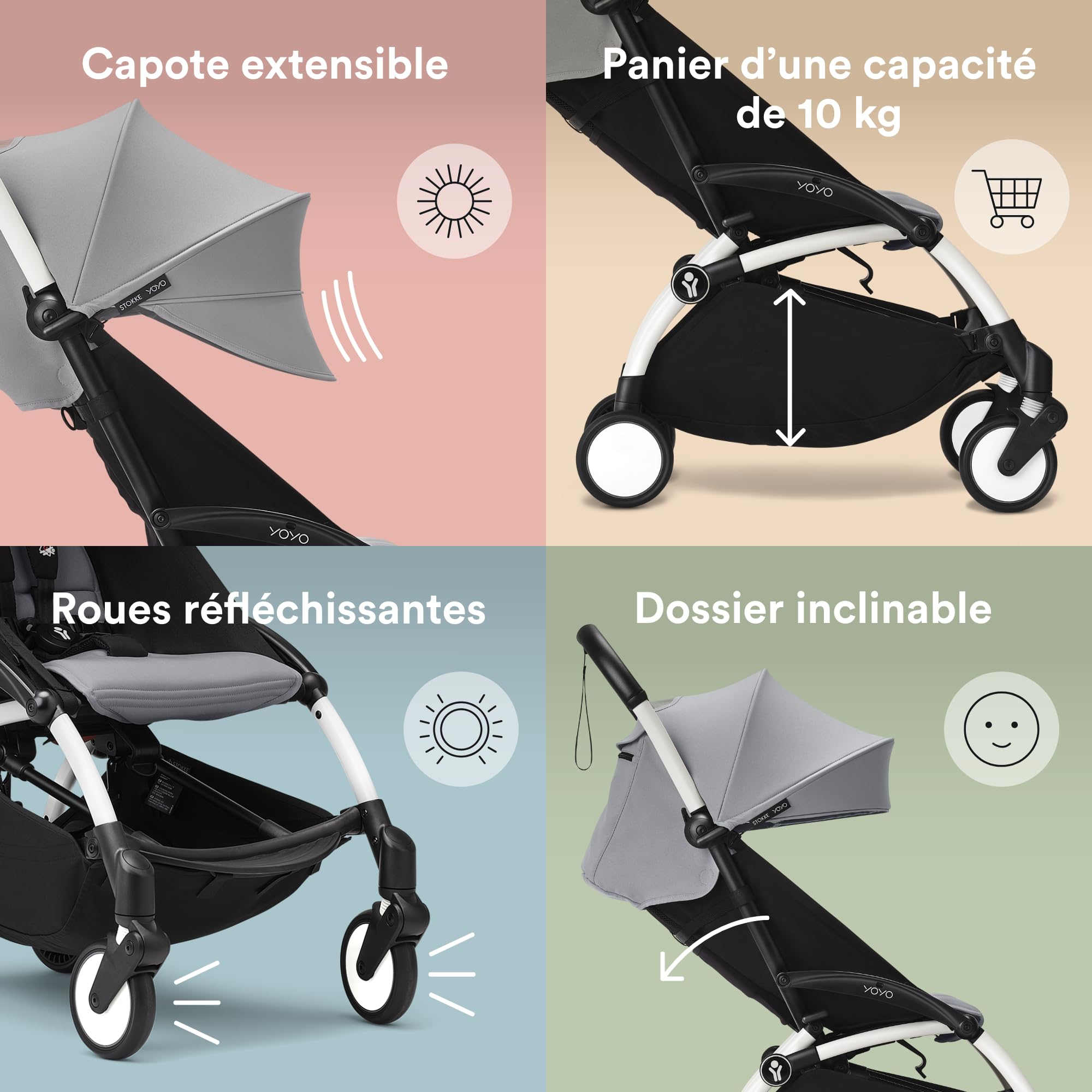 Poussette Stokke YOYO3 avec pack nouveau-né et pack couleur 6+ - Comprend un cadre blanc, un pack couleur YOYO 6+ (Stone) et un pack nouveau-né 0+ (Stone)