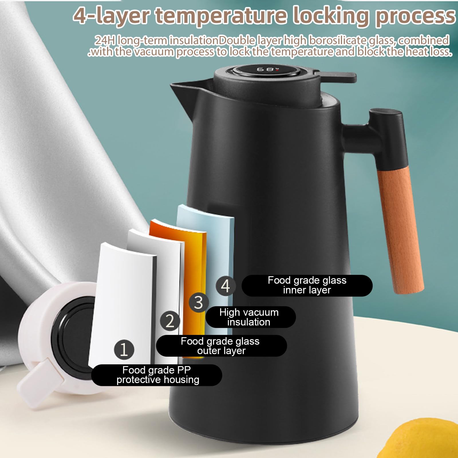 Thermoskanne 1L, Tee Thermoskanne mit Temperaturanzeige, Kaffeekanne Thermo mit Holzgriff, Isolierkanne mit Einfachem Sicherheitstaster, Teekanne Thermo, Thermosflasche Für Home Office Hotel, Schwarz