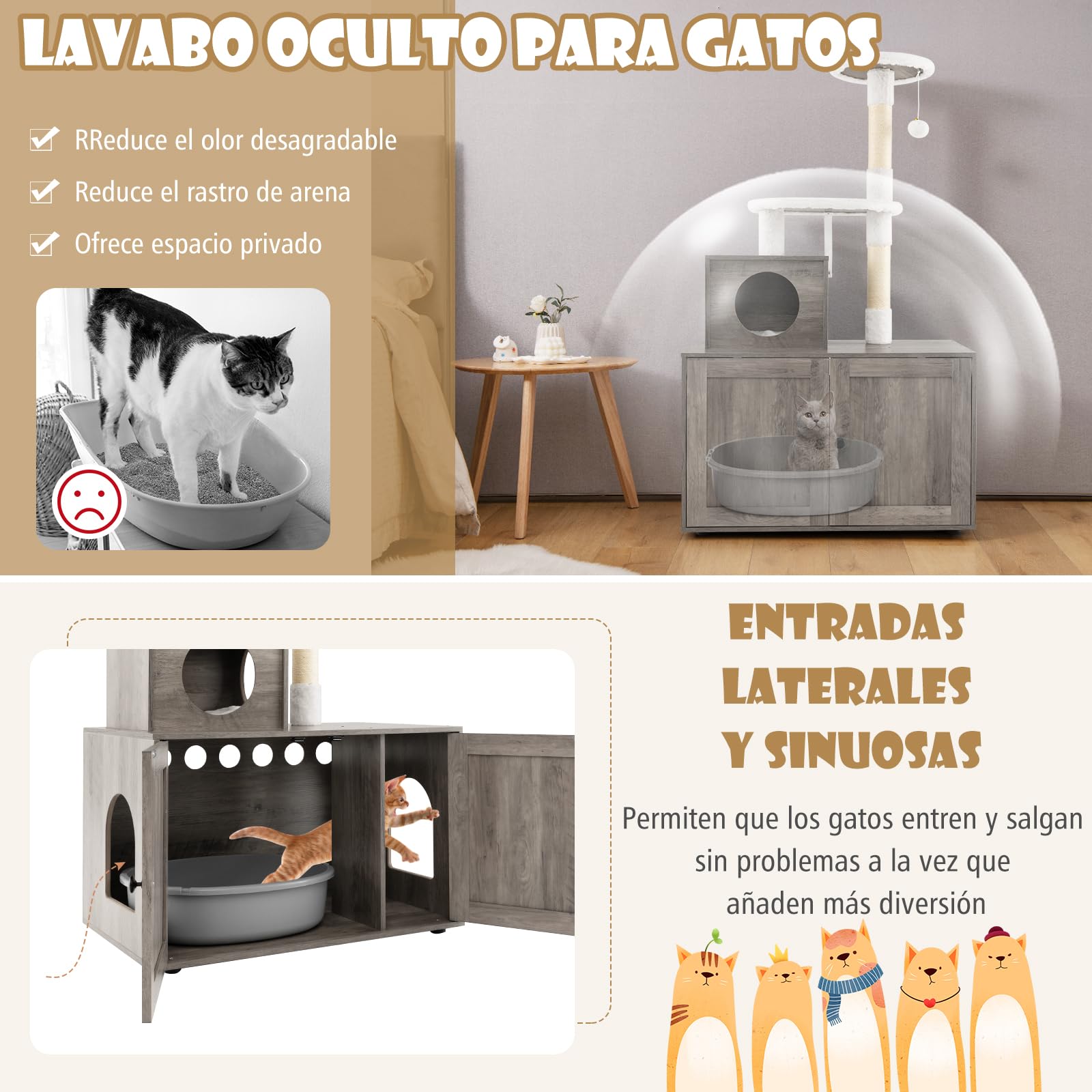COSTWAY 3 en 1 Rascador para Gatos con Nido y Caja de Arena, Árbol Estable de 3 Niveles con 2 Postes de Sisal, 2 Plataformas y Juguete Colgante (Gris Oscuro)