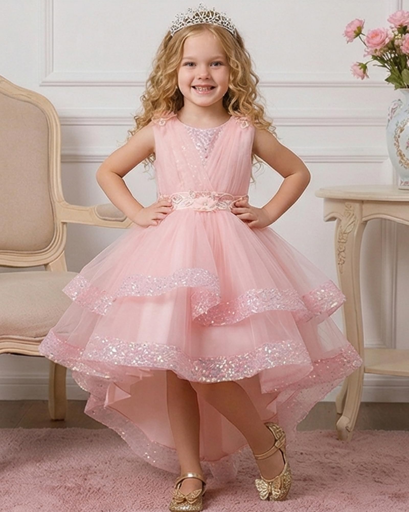IBAKOM Abito da ragazza floreale elegante: abito estivo senza maniche in tulle, con paillette, abito da principessa per matrimonio, compleanno, festa