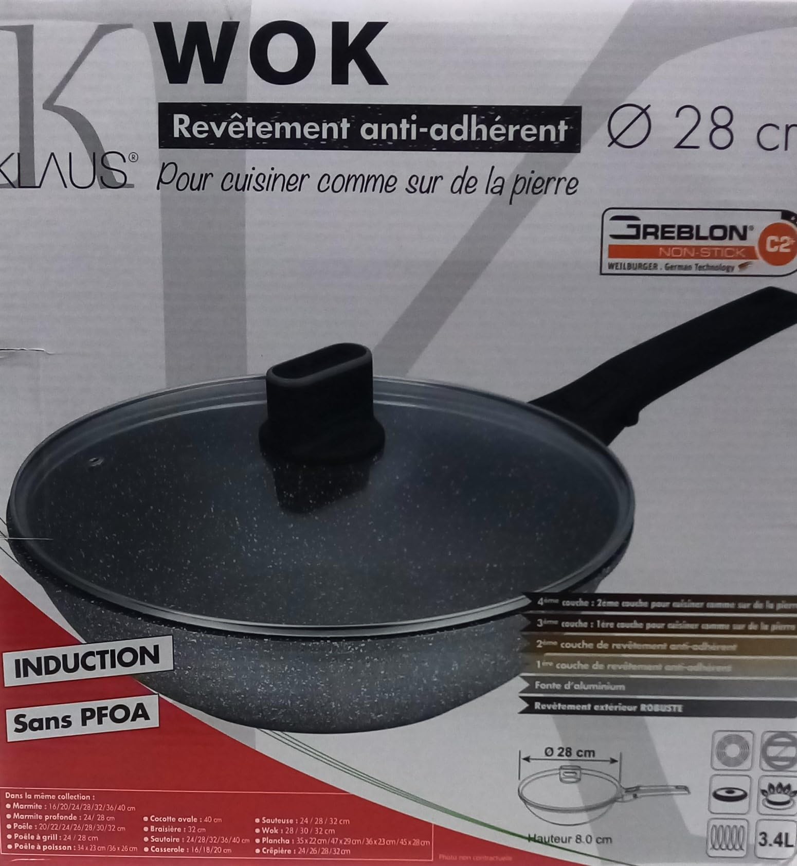 Stufe Wok in pietra con coperchio di alta qualità anti-aderente compatibile con tutti i fuochi 100% induzione adatta al forno grazie al manico rimovibile Ø 28 cm grigio maculato