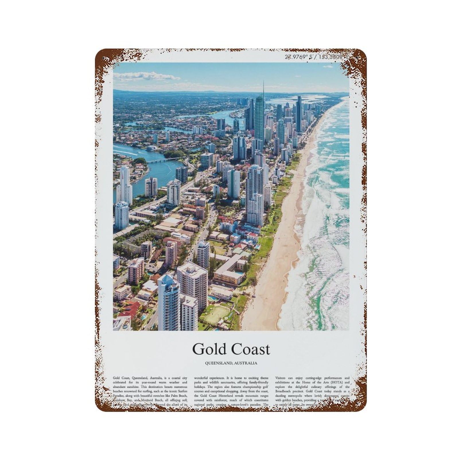 xiaoxiaoshen Gold Coast Queensland, Australia City Scenery Wall Decor Art Metal Tin Poster Modern Home Decor Art Home Bar Shop Decorations Vintage Sign 40x30cm