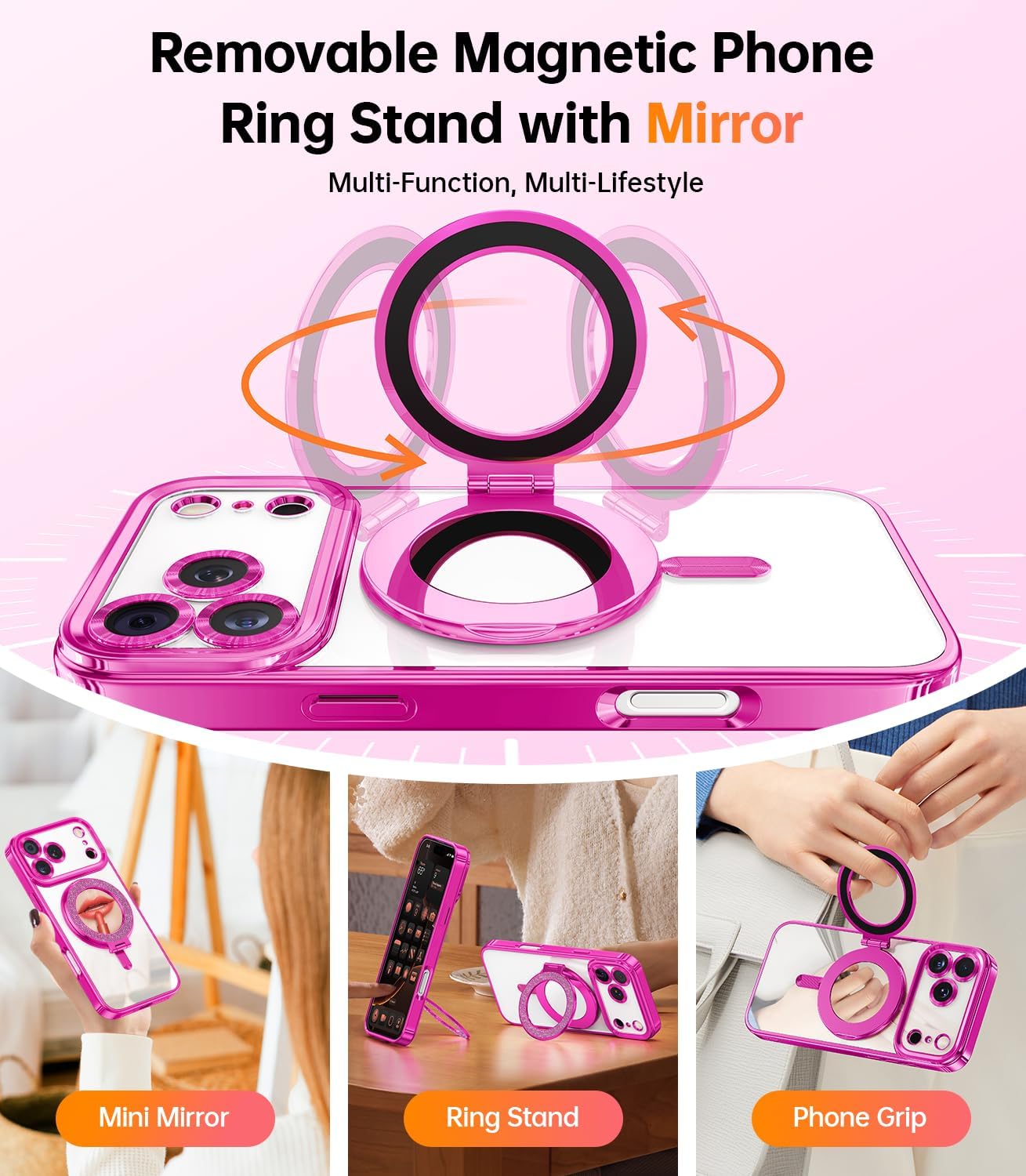 Meifigno Magnetic Case Designed for iPhone 17 Pro Max with Removable Phone Ring Stand, Glitter Card & Wrist Strap, Compatible with MagSafe, Built in Mirror, Phone Ring Holder + Case Kit, Hot Pink