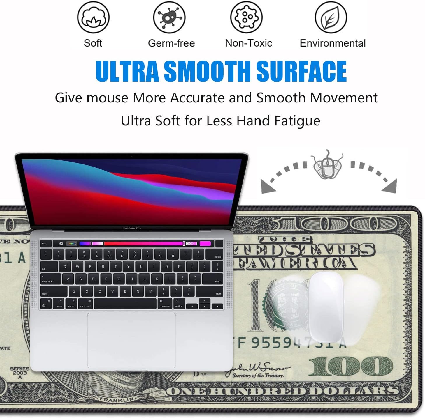 Desk Pad Mat Gaming Mouse Pads with Coasters, 31.5"x 11.8" XXL Large Big Computer Keyboard Mouse Mat Desk Pad with Non-Slip Base and Stitched Edge for Home Office Gaming Work, 100 Dollar Bill 5 71Xw41g44QL. AC SL1500