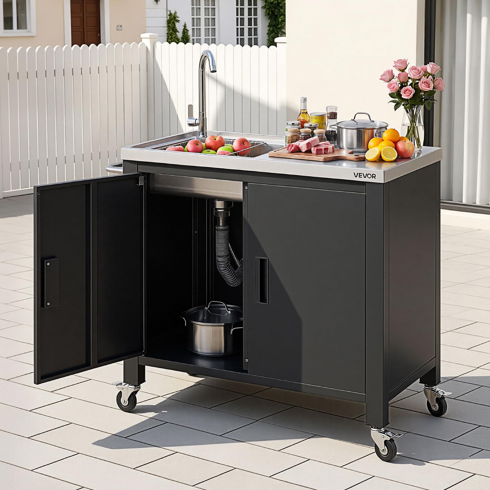 VEVOR Mesa de Barbacoa 965 x 460 x 909 mm Tablero de Acero Inoxidable, Carrito de Cocina con Fregadero, con Ruedas, con Armario de Almacenamiento, con Toallero, para Jardín, Bar, Zona de Barbacoa