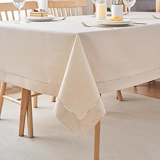 Light Natural Handmade Hemstitch Contemporary Linen Blend Solid Color Tablecloth for Dinner Table, Picnic Table, Parties, Wedding Decorations, Exhibitions(Natural Cream, 108" x 60" (Rectangular))