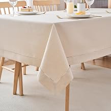 Light Natural Handmade Hemstitch Contemporary Linen Blend Solid Color Tablecloth for Dinner Table, Picnic Table, Parties, Wedding Decorations, Exhibitions Natural Cream, 70" x 52" Rectangular