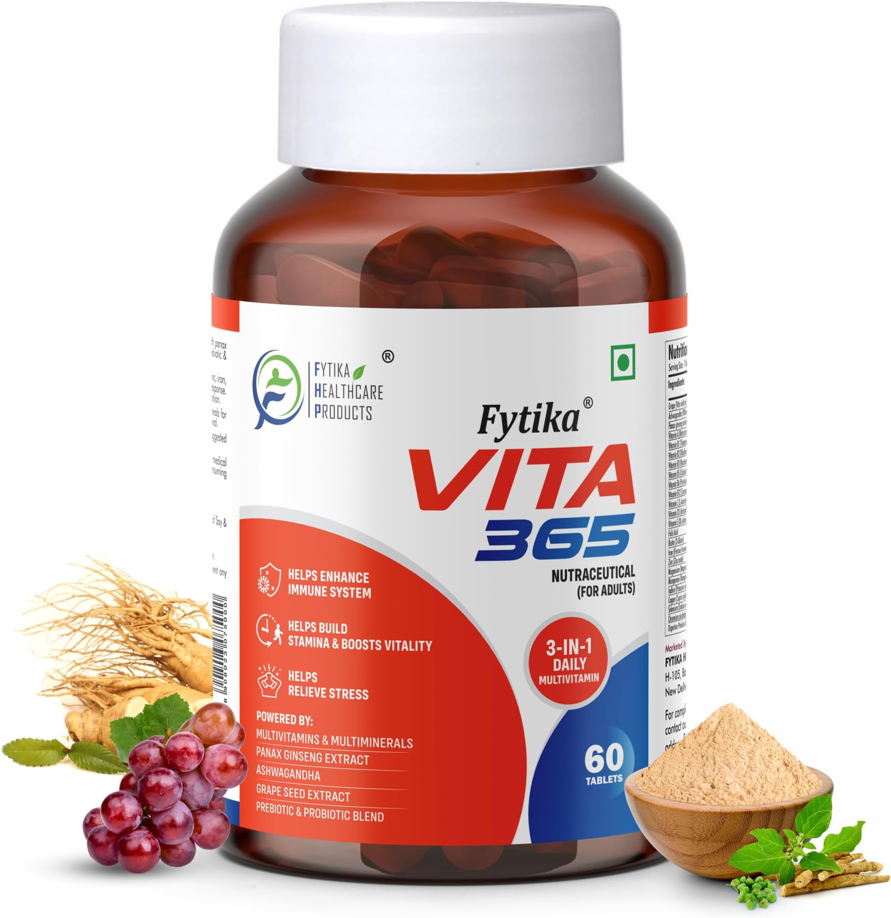 FYTIKAHEALTHCARE PRODUCTS Vita 365, Multivitamin With Probiotics Vitamin B12, Zinc, Biotin, Mineral, Ginseng & Ashwagandha, Enhances Energy, Stamina, Immunity, Hair and Skin (Pack of 1) Tablet