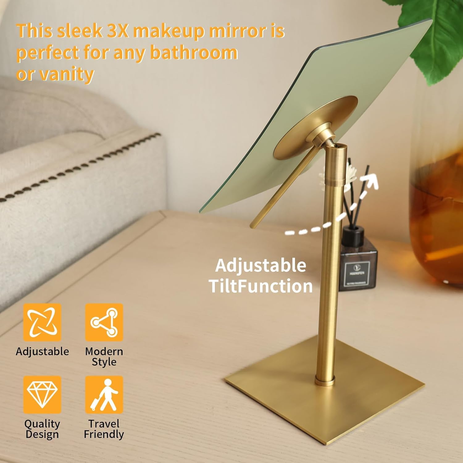 Bronze Table Standing Rectangular Vanity Makeup Mirror with 3X Magnification, Highly Adjustable, Crafted from 304 Stainless Steel, for Hotel Bathroom