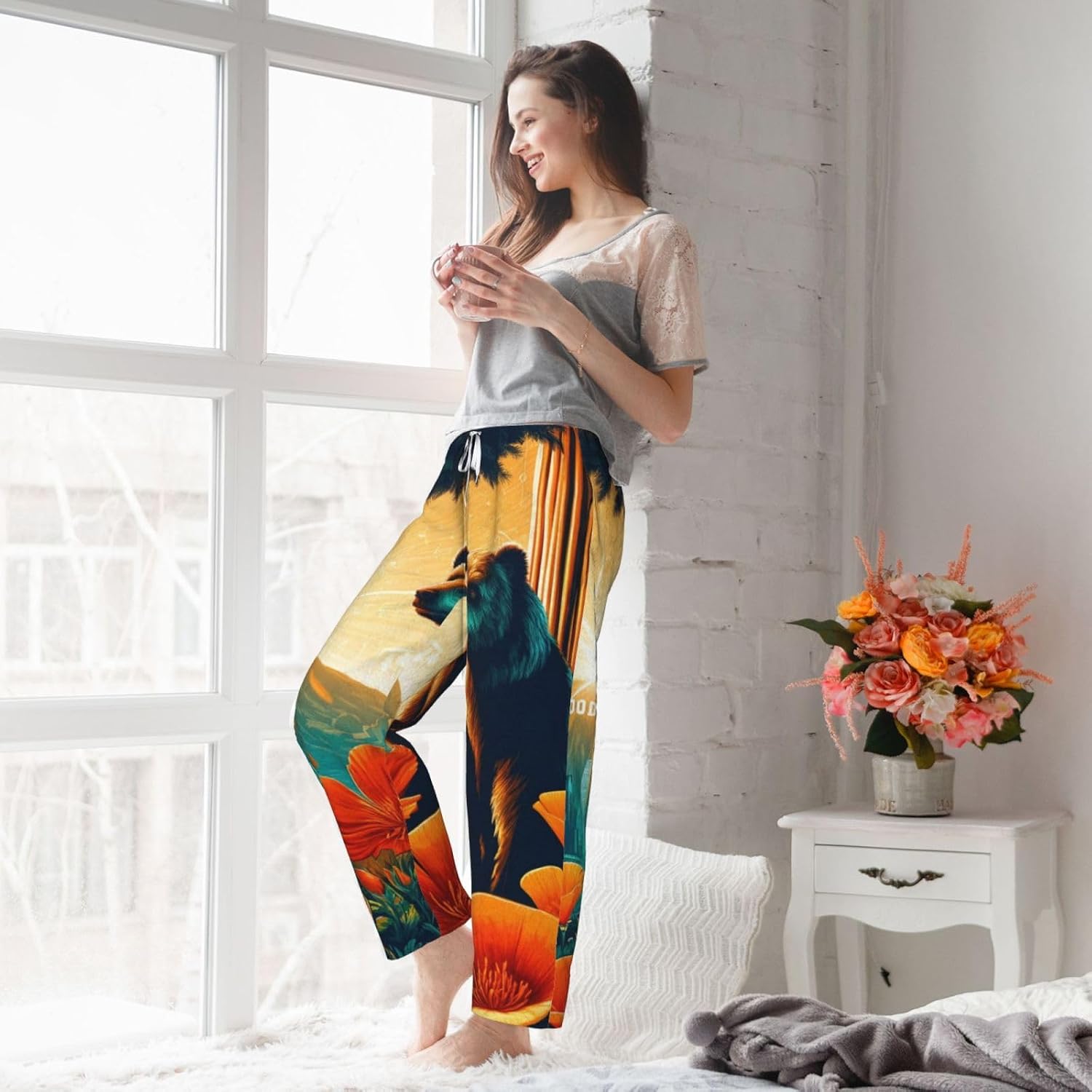 Women'S California-Poppies-Bear Fleece Pajama Pants, Cozy Flannel Lounge Bottoms For Women