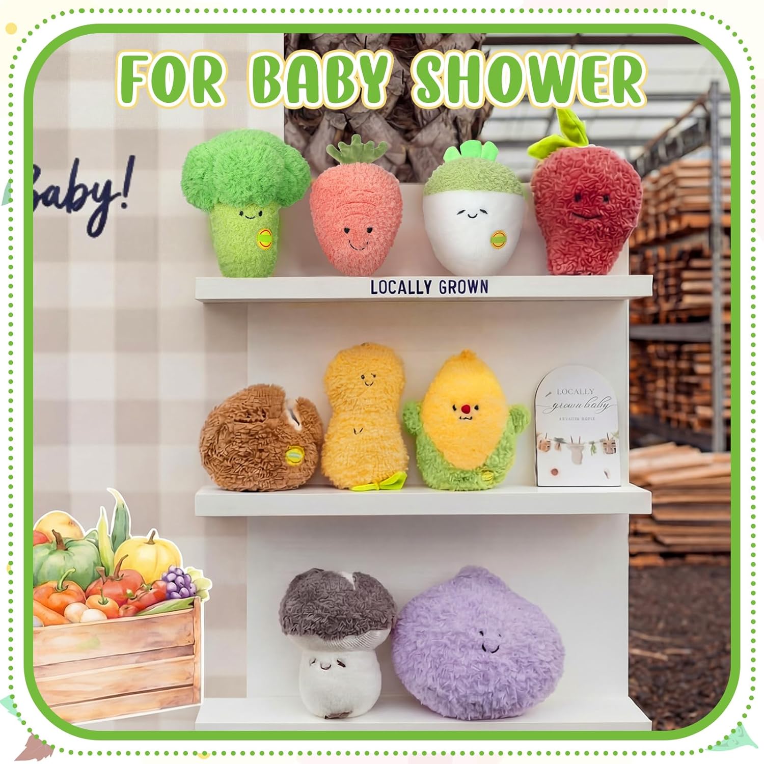 10 Pcs Locally Grown Baby Shower Vegetable Plush with Wooden Sign Cute Vegetable for Home Baby Shower Birthday Party Decoration Gift Wedding Souvenir Supplies