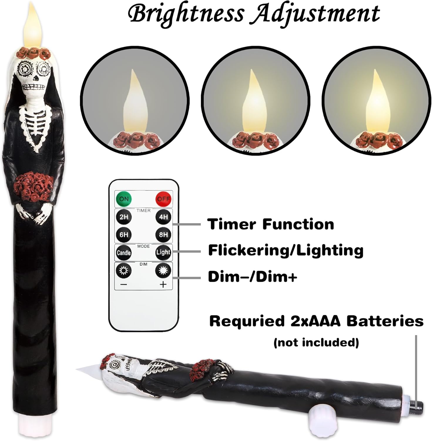 Black Flameless Taper Candles with Remote Battery Operated CandleSticks Flickering Light Set of 2 Real Wax Handmade Skeleton Couple LED Window Candles for Halloween Horror Party Gothic Wedding Decor