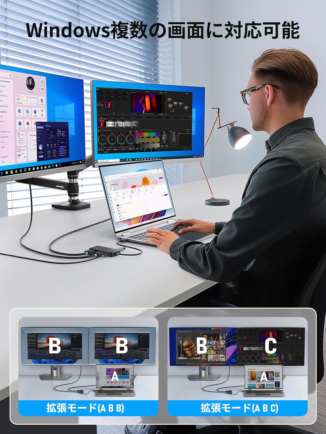 Diagram showing Windows multi-display modes: mirror (ABB) and extend (ABC)