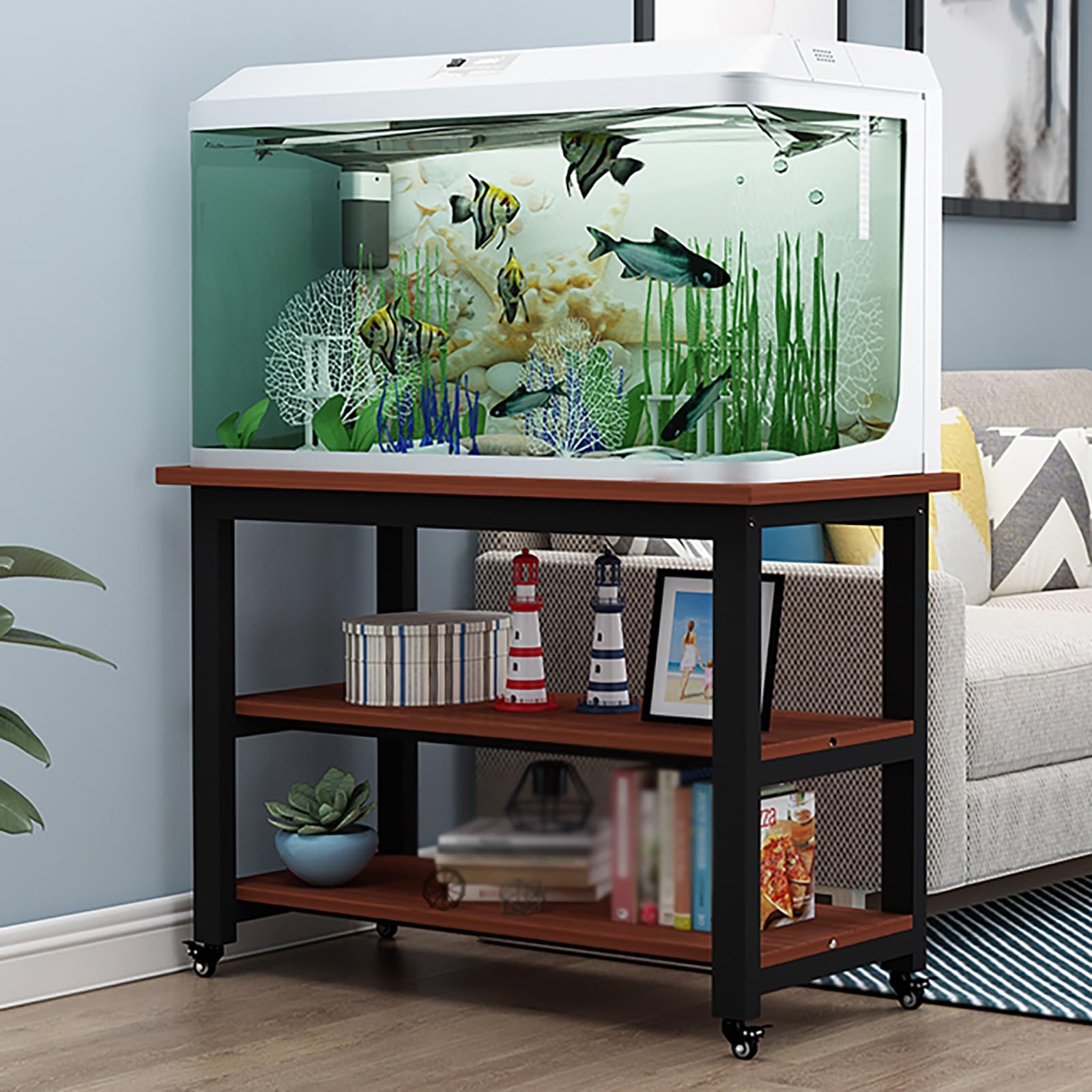 Mueble Acuario Mesa Acuario Estante De Almacenamiento De Tanque De Peces Con Ruedas De Varios Niveles, Soportes De Vivero Blanco Rústico Para Tanques De Reptiles/criadores, Estantes De 3 Niveles(C-sty