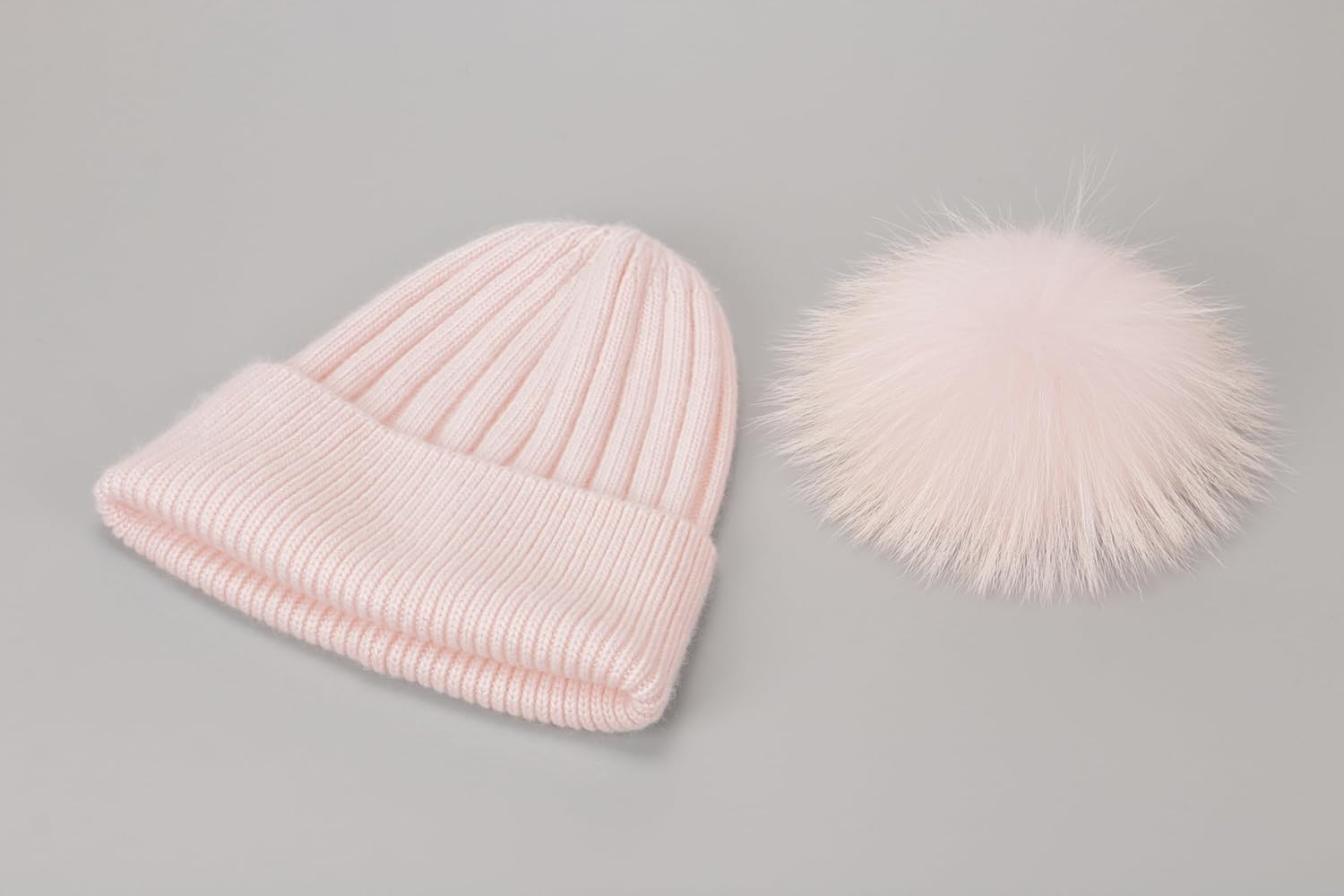 Women's Real Fur Pom Pom Cashmere Blend Winter Ribbed Knit Cuffed Beanie Skull Cap Hat with Fur Pom Beanie Hat - Image 5