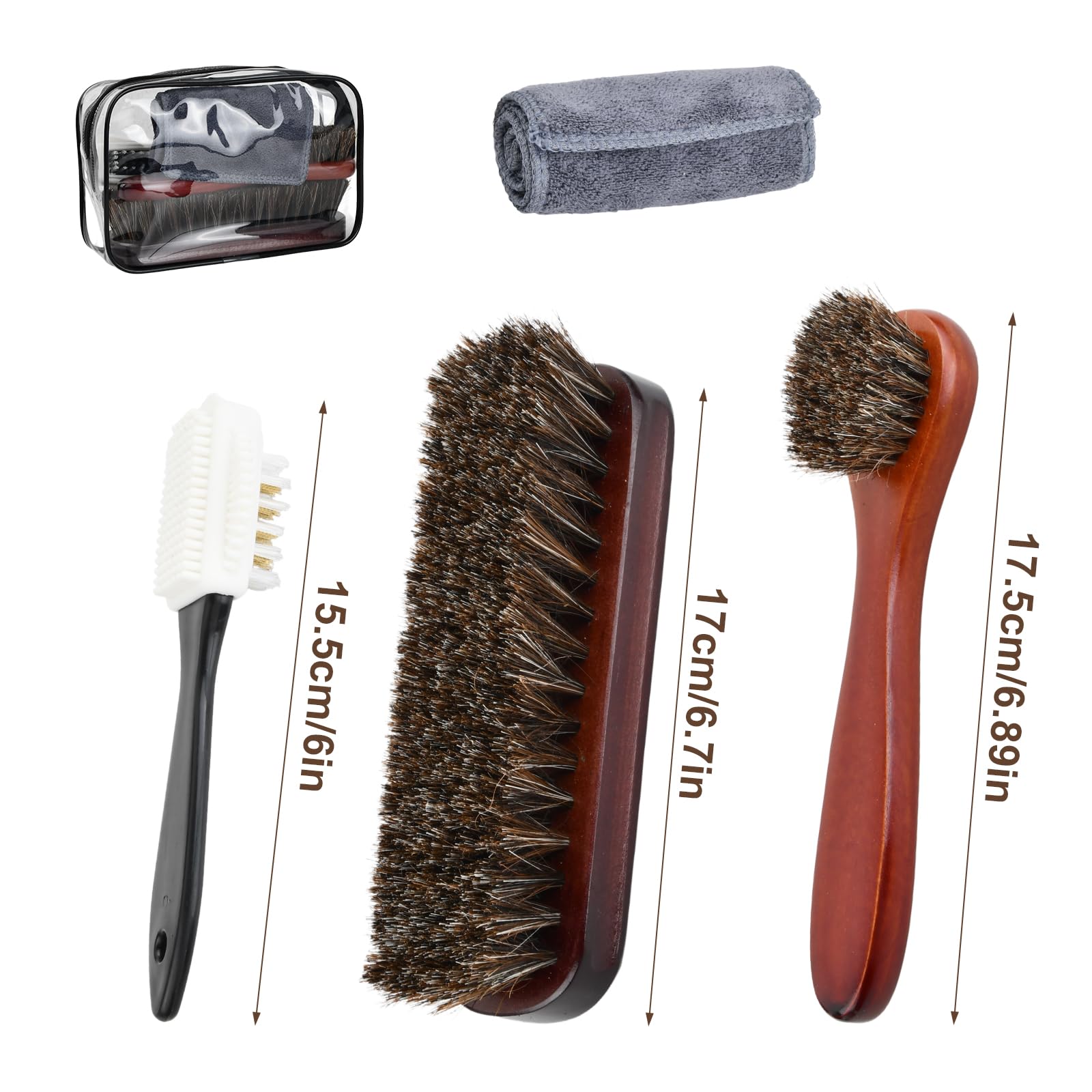 Kit d'Entretien Chaussures 5 Pièces avec Sac de Rangement - Crin de Cheval et Microfibre pour Cuir Lisse et Daim - Brosse à Lustrer et Brosse à Daim - Nettoyage Sans Rayures