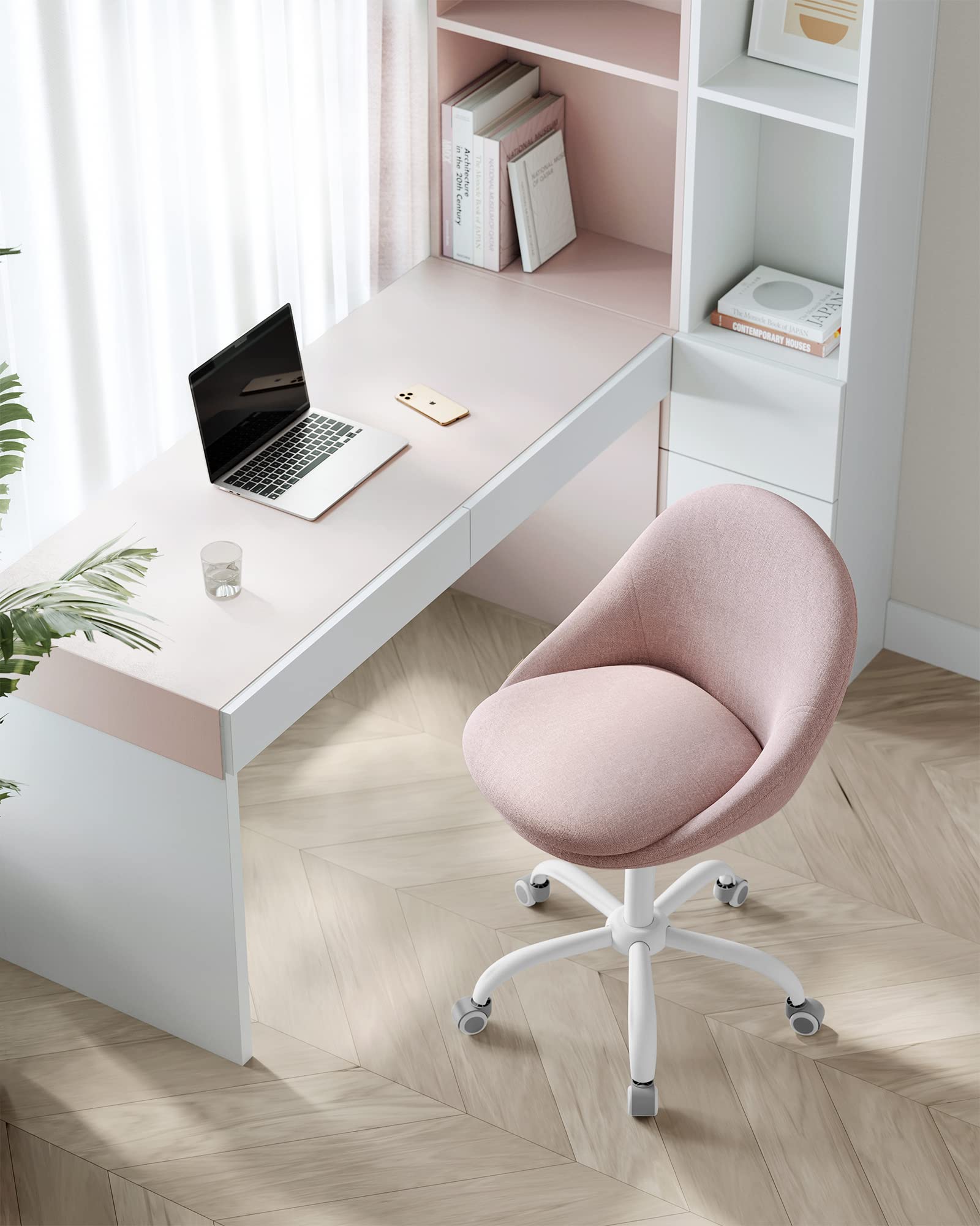 SONGMICS Sedia da Studio, Sedia Girevole di Cotone-lino, Poltrona da Scrivania Imbottita in Gommapiuma Regolabile in Altezza, Studio, Camera da Letto, Rosa Gelatina OBG020P01