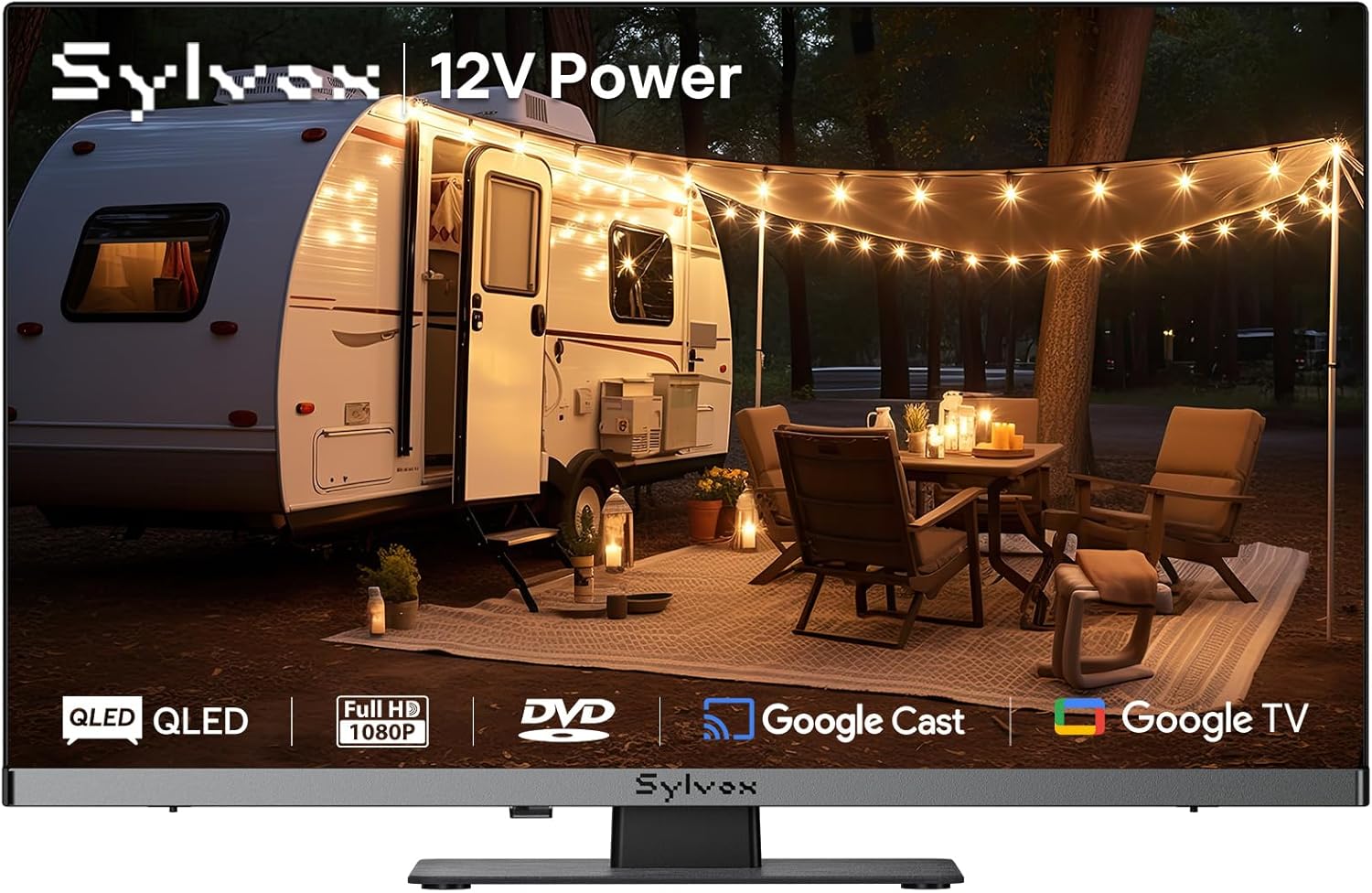 SYLVOX RV TV, 12V QLED TV with DVD Player Built-in, 24 Inch Smart Television for Camper, 12 Volt DC Power Low Energy Consumption, HD 1080P, Bezel Less Design