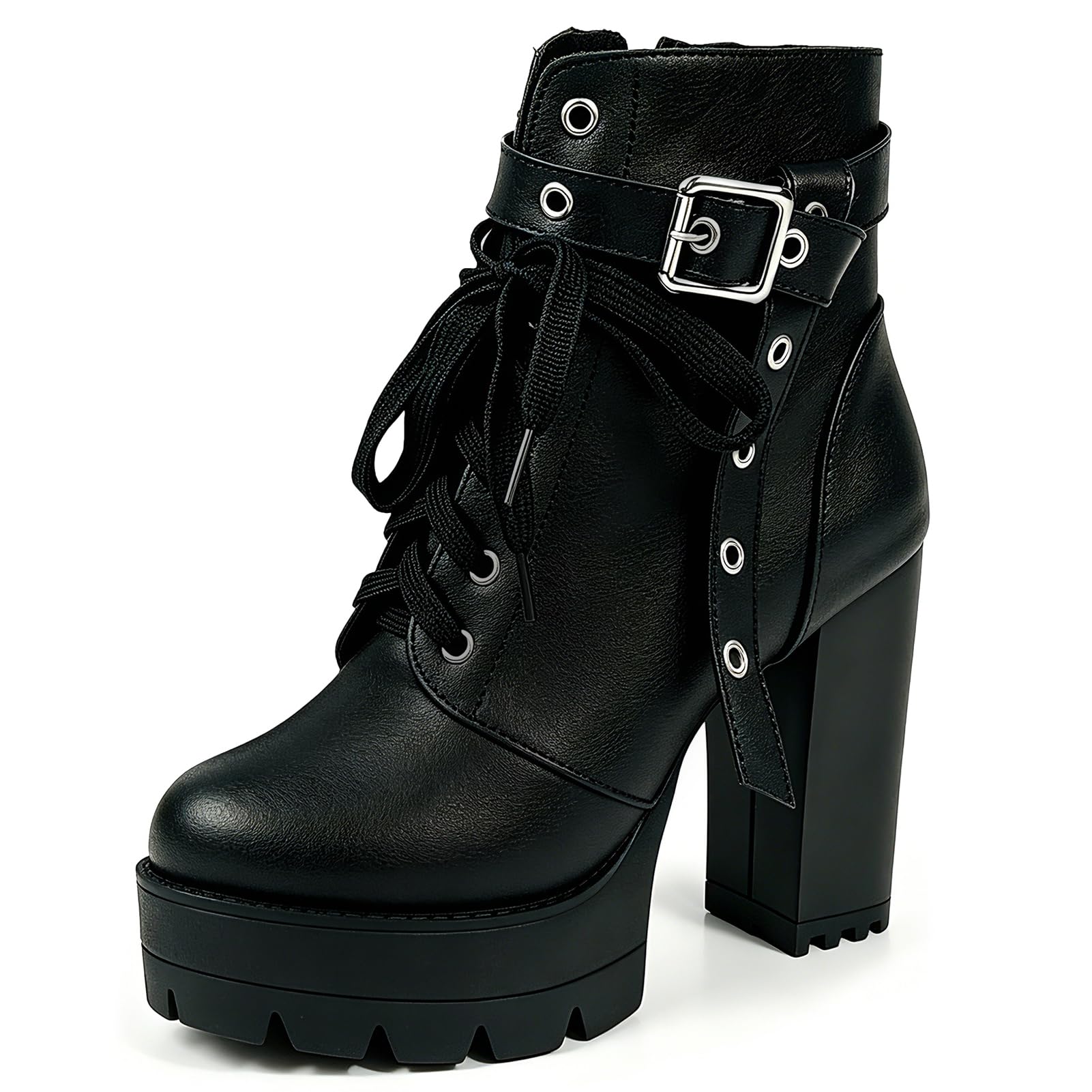 Black High Heel Boots For Women Platform Combat Booties Lace Up Goth Chunky Heeled Ankle Boot with Zipper-image-14