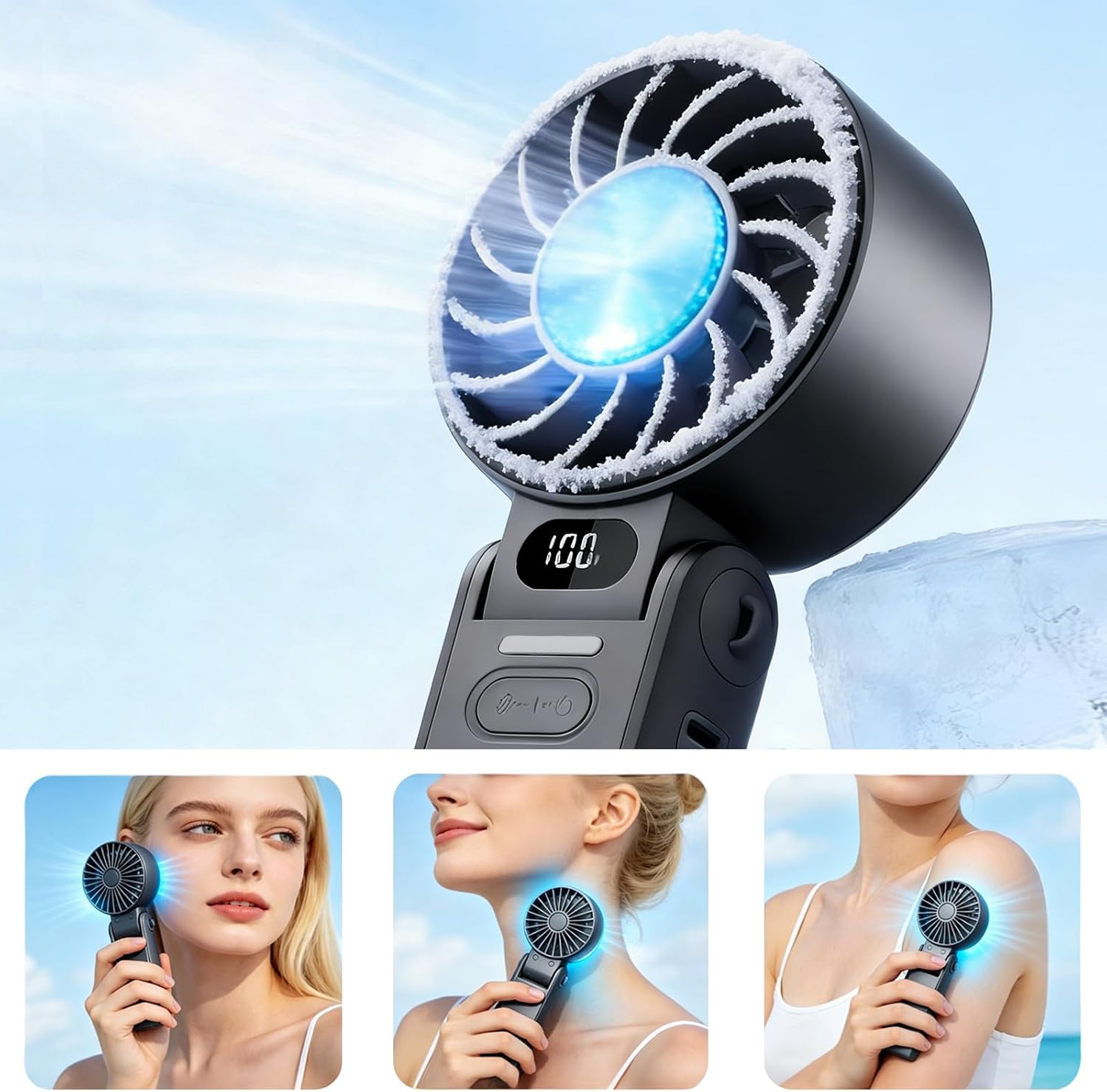 Portable Handheld Fan With Ice Cooling, 3-IN-1 Turbo Fan 5-Speed High-Velocity Personal Fan Rechargeable Cooling Fan Digital Display for Outdoor Travel, Working(Black)