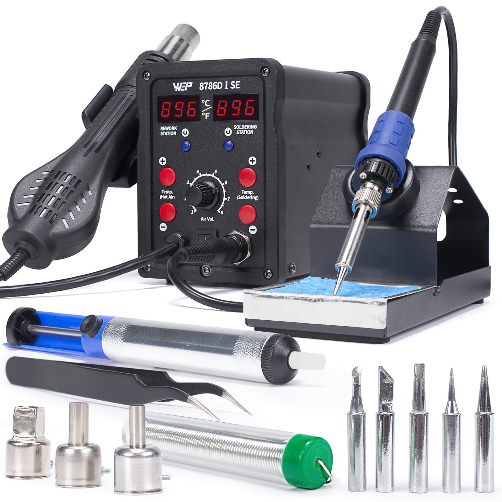 wep 8786d-i se hot air soldering iron station kit 2-in-1 for rework desoldering with lead-free solder wire 5 soldering tips 3 hot air nozzlestweezers desoldering pump