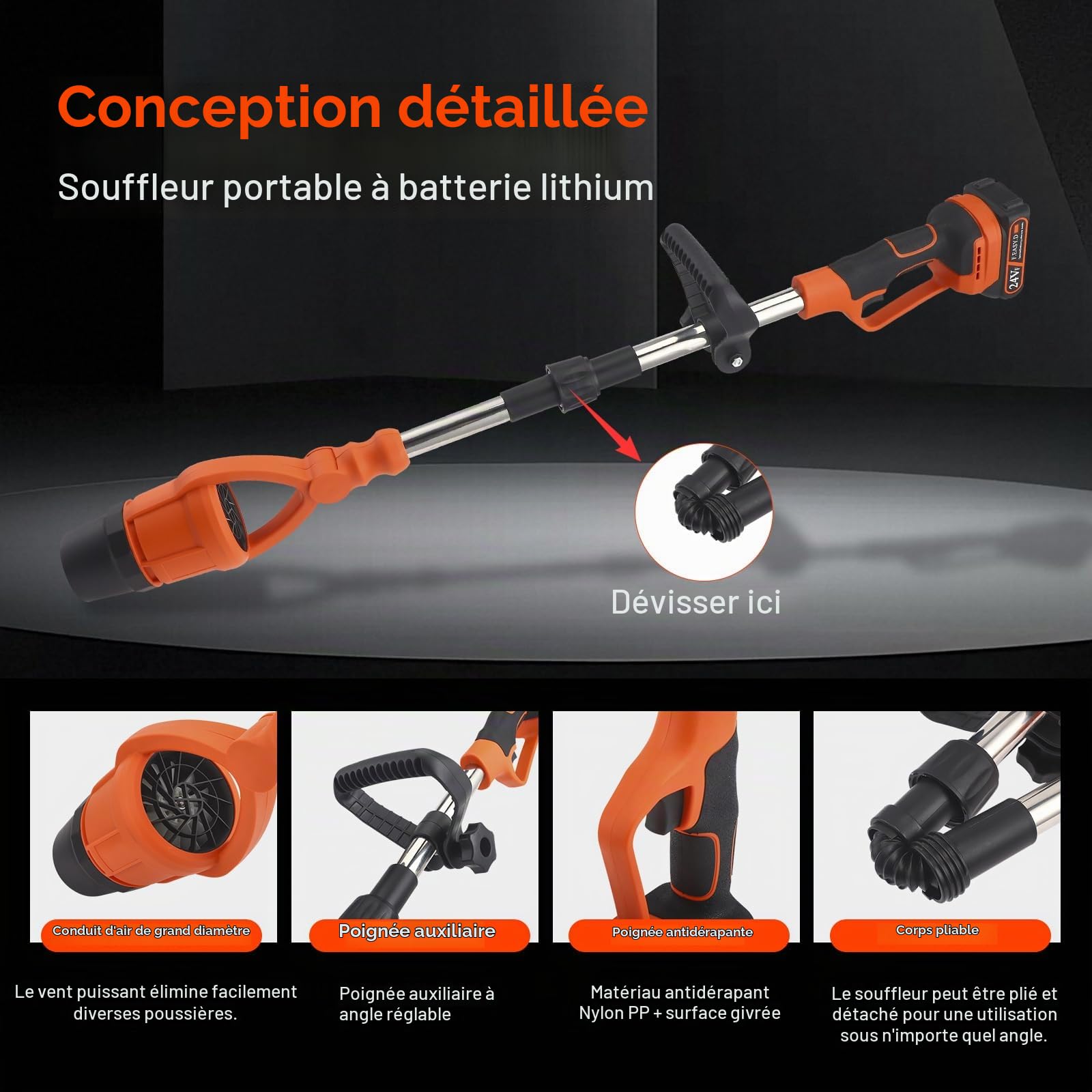 Souffleur de Feuilles sans Fil, 21V Souffleur Feuilles électrique avec 2 Batterie et Chargeur, Aspirateur 40 000 TR/Min,100 m/s, pour Nettoyer Les Feuilles, la Neige, la Poussière (Type Pliable)