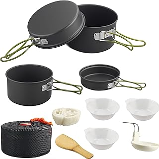 HOMGEN Portable Camping Cookware Set-Ultralight Aluminum Camp Pots and Pans Set for 2-3 People-Comes with 2 Size Non Stick Pot&Pan for Camp Stove-3 Bows-Carrying Bag etc for Camping Trip