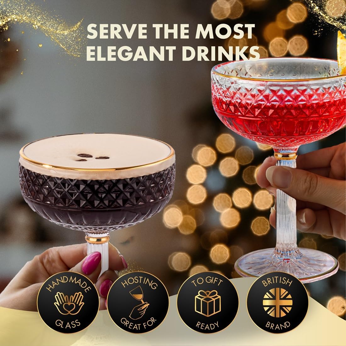 VEMACITY - Embossed Espresso Martini Glasses Set of 2 (10oz) - Gold Rim Coupe Glasses for Cocktails, Champagne & Margaritas - Vintage Art Deco Design | Ideal for Martinis and Margaritas - Image 6