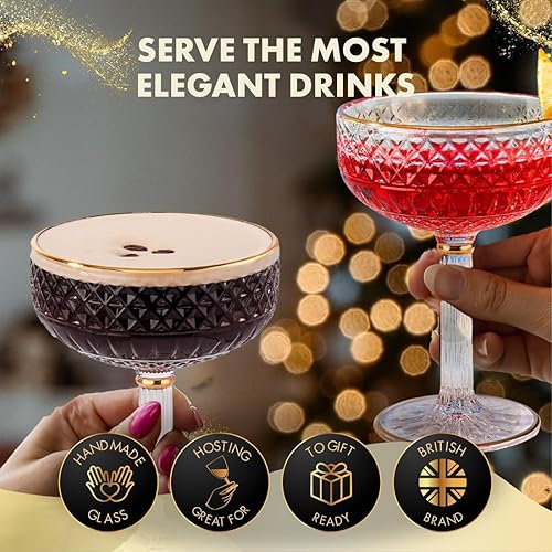 Miniatura 5 de VEMACITY - Juego de 2 vasos de Espresso Martini con relieve (10oz) - Vasos de copa con borde dorado para cócteles, champán y margaritas - Diseño