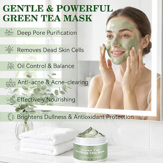Green Tea Mask, Natural Clay Mask for Face, Deep Pores Cleansing, Oil Control, Moisturizing & Hydrating with Green Tea Extract & Kaolin Clay, Antioxidant Green Tea Face Mask Skincare(3.52 Ounce)