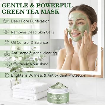 Green Tea Mask, Natural Clay Mask for Face, Deep Pores Cleansing, Oil Control, Moisturizing & Hydrating with Green Tea Extract & Kaolin Clay, Antioxidant Green Tea Face Mask Skincare(3.52 Ounce)