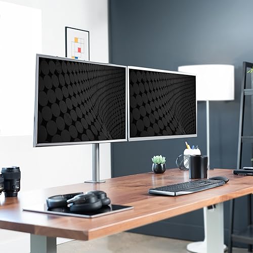 Vista 28 de VIVO Soporte de escritorio para monitor ultra ancho doble, soporte de acero totalmente ajustable, capacidad para 2 pantallas de computadora de hasta