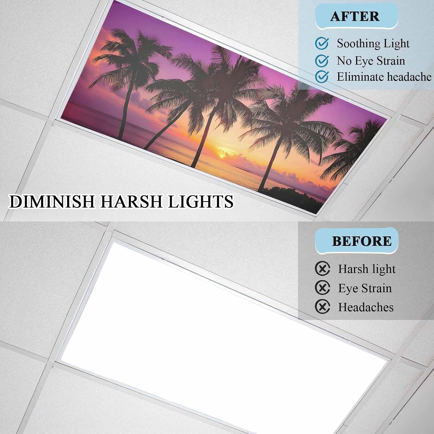 Fluorescent Light Covers for Drop Ceiling Seaside Coconut Tree Beach Sunset Magnetic Light Filters, Summer Purple Sky Ceiling Shade Filters for Home Classroom Office,2x4 ft,1Pack image 4