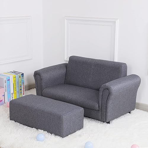 Miniatura 4 de Yoonnie room Sofá infantil de 2 plazas con otomana grande, sofá para niños con tela de lino, sofá para niños de 0 a 3 años, color gris