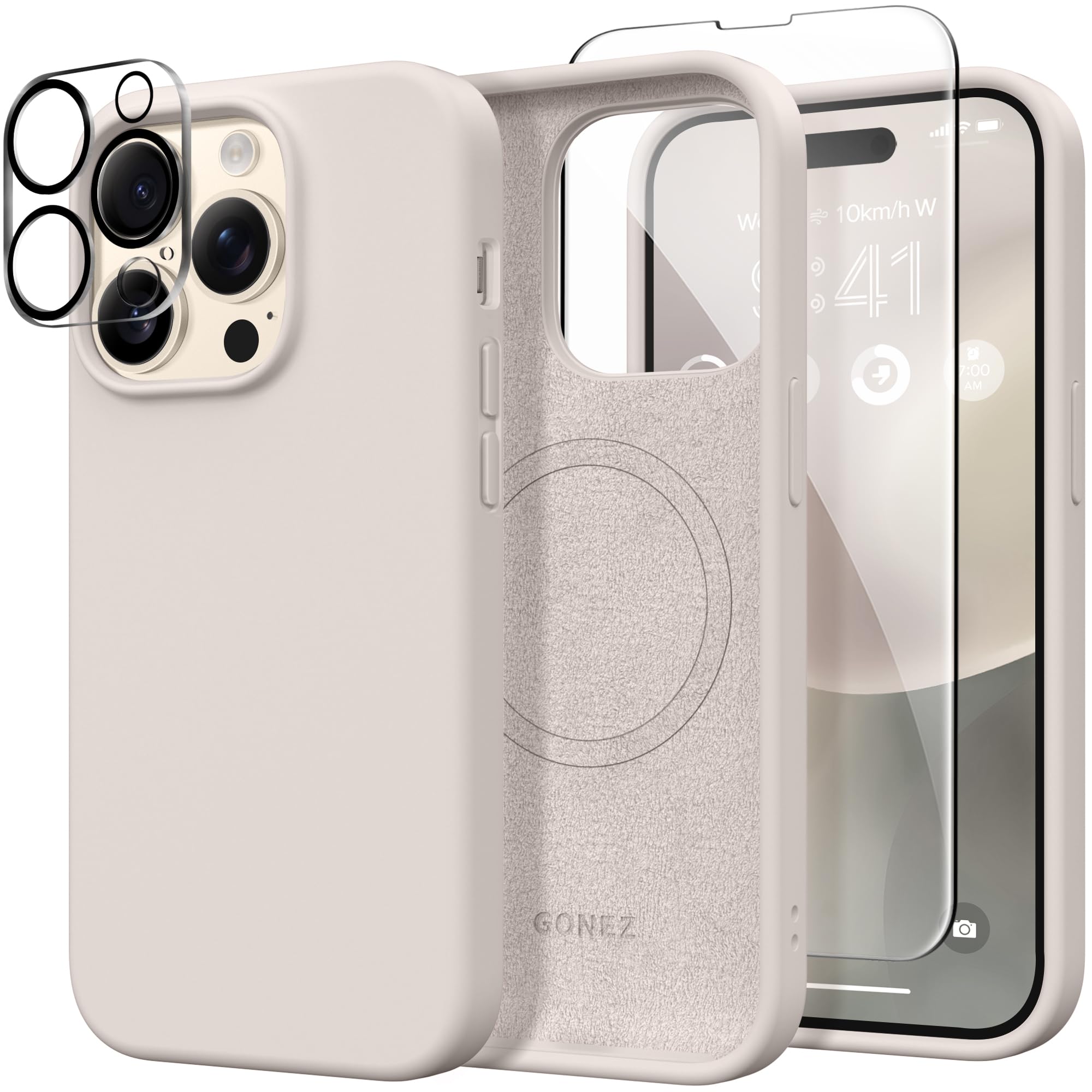 GONEZ for iPhone 14 Pro Case, Compatible with Magsafe, with Screen Protector + Camera Lens Protector, Soft Anti-Scratch Microfiber Lining, Shockproof Liquid Silicone Phone Cover, Stone