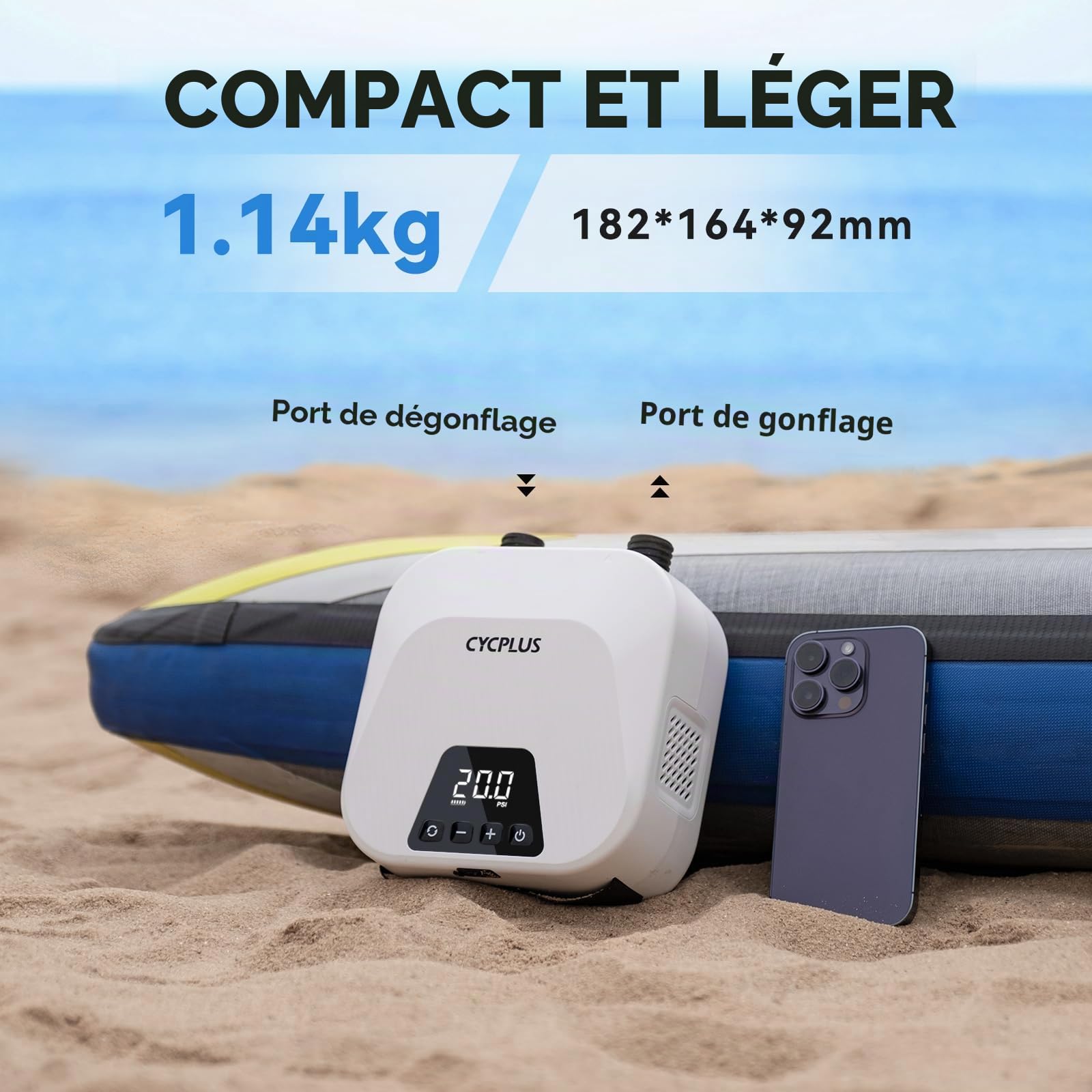 CYCPLUS Pompe à air Intelligente Haute Pression 20PSI, gonflage et dégonflage intelligents à Deux étapes, Pompe à air pour Planches de Paddle, Kitesurf, Tente, Matelas.
