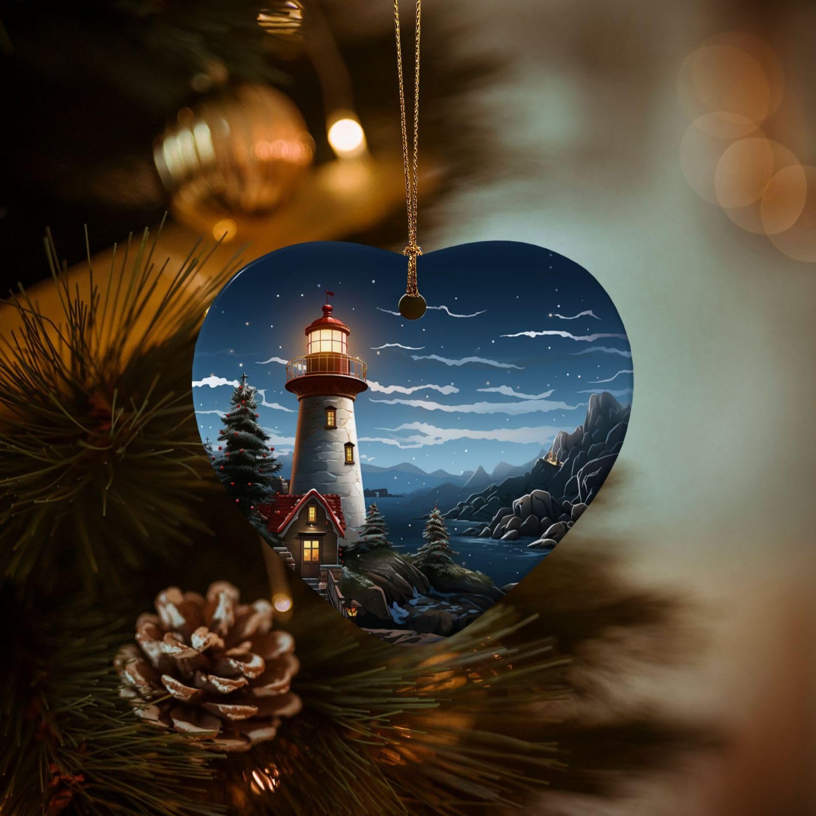 Christmas Ornaments for Christmas Tree Decoration Hanging Santa Claus Lighthouse Ornament with Gold Ribbon Crafts Heart Shape Ceramic Pendant for Keepsake Gifts Xmas Decor Party Supplies