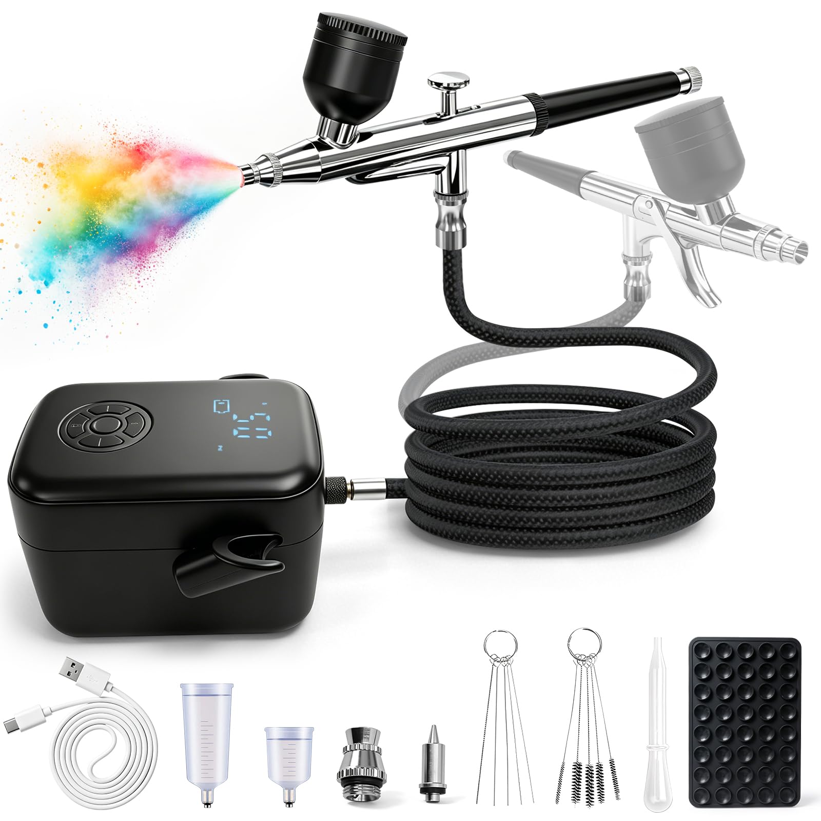 Dual-Action Airbrush Kit with Compressor, 58PSI High Pressure Portable Airbrush, 0.3mm Nozzle Airbrush Gun & Cleaning Sets, Airbrush Sets for Nail Art, Painting, Cake Decor, Makeup, Modeling