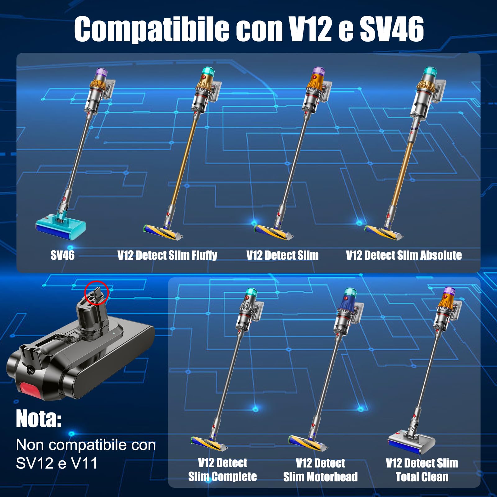 Batteria V12 per Dyson V12, Batteria per V12Detect Slim/Fluffy/Absolute SV20 SV26 SV30 SV34 SV35 SV46 (Non per V11 SV12)