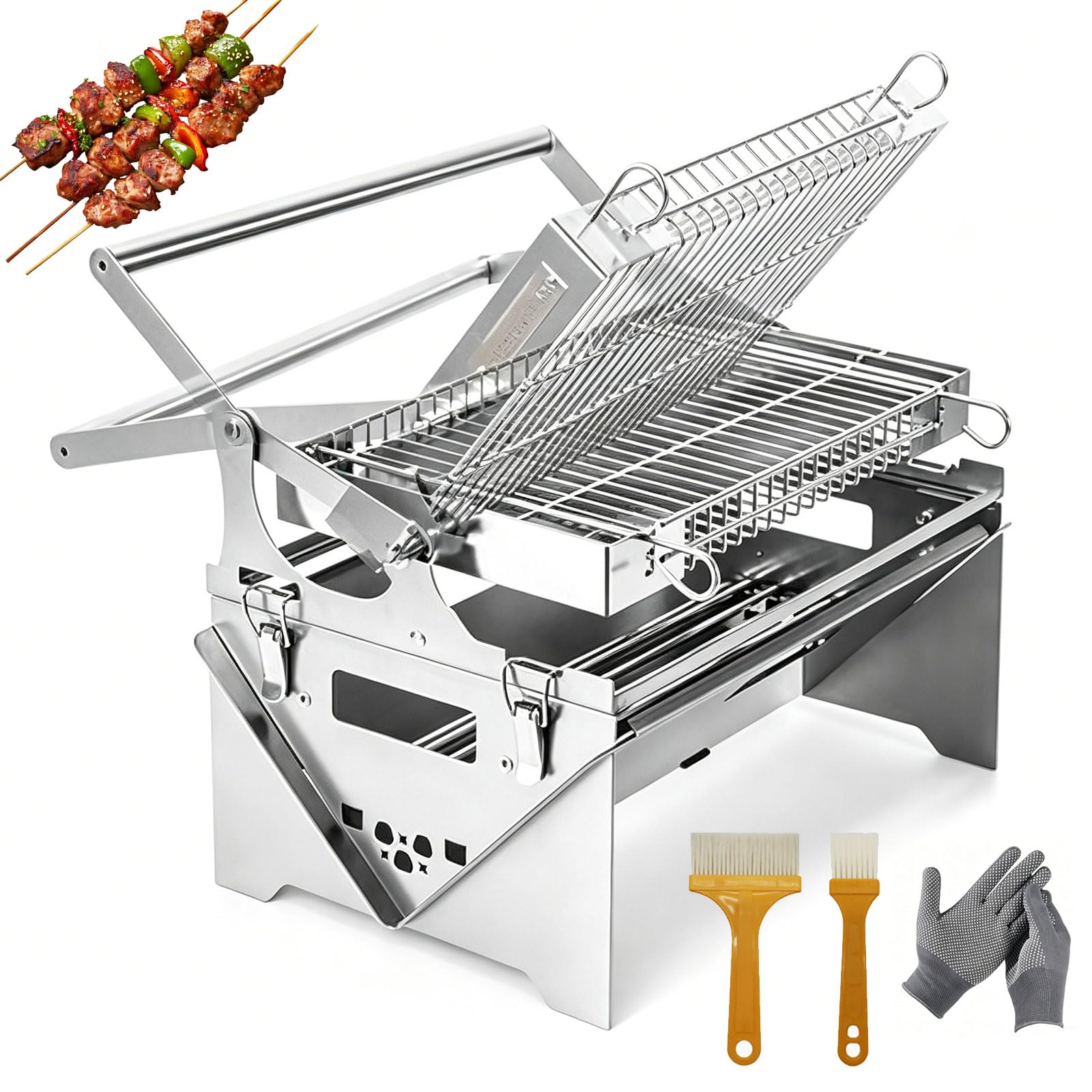 Przenośny grill ze stali nierdzewnej, obrotowy grill na węgiel drzewny, ze szczotkami i rękawiczkami, dwustronne otwieranie i zdejmowanie, idealny do grillowania na świeżym powietrzu, imprez na