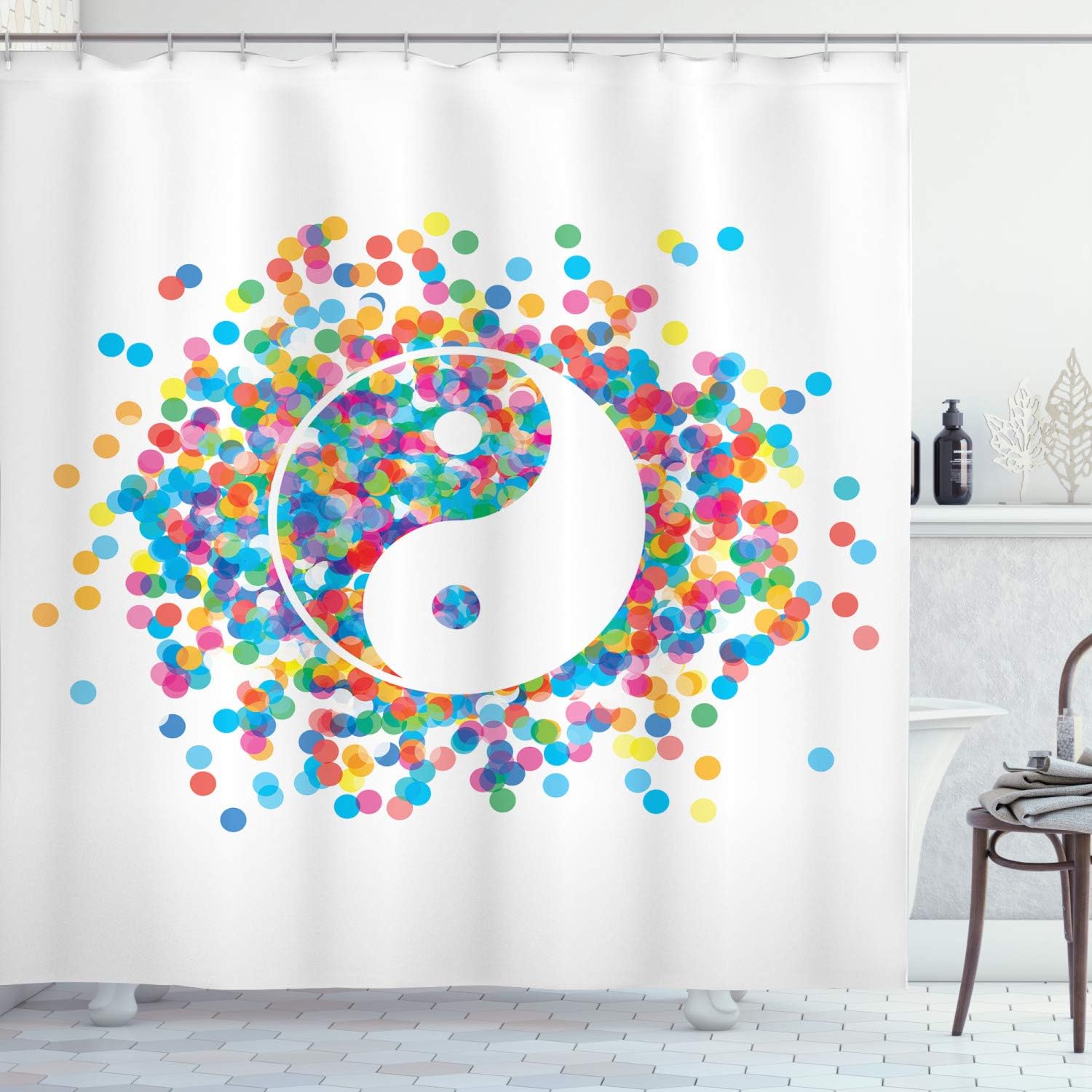 Ambesonne Ying Yang Shower Curtain, Rainbow Color Effect Graphic Design on Ying Yang Sign Themed Peace, Cloth Fabric Bathroom Decor Set with Hooks, 69" W x 75" L, White Multicolor
