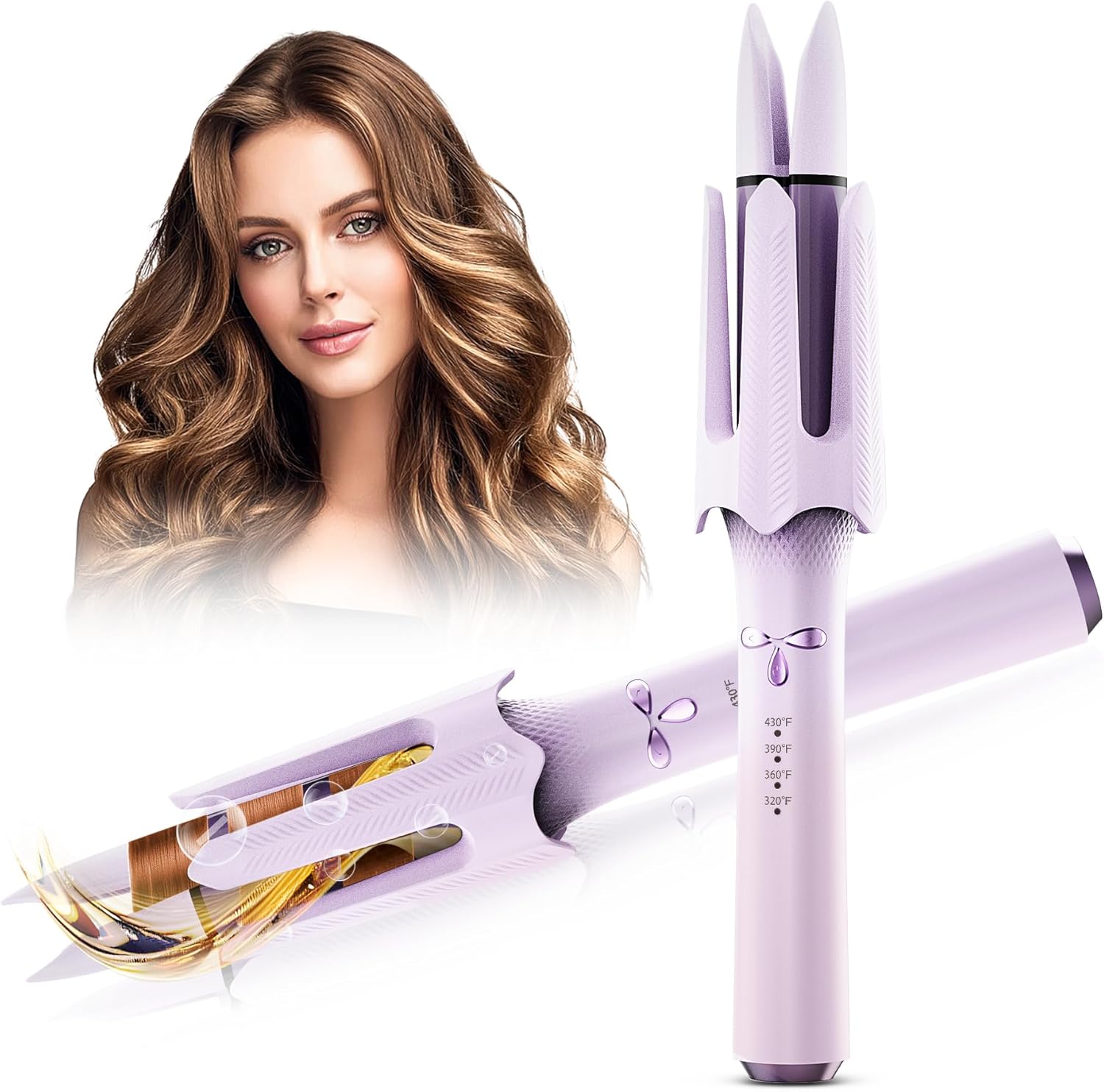 Auto Rotating Hair Curler - 4 Temperature and Timer Settings, Automatic Curling Iron with Automatic Shut-Off, Anti-Tangle and Scalding, Curling Wand for Long Lasting Curls (Pink)
