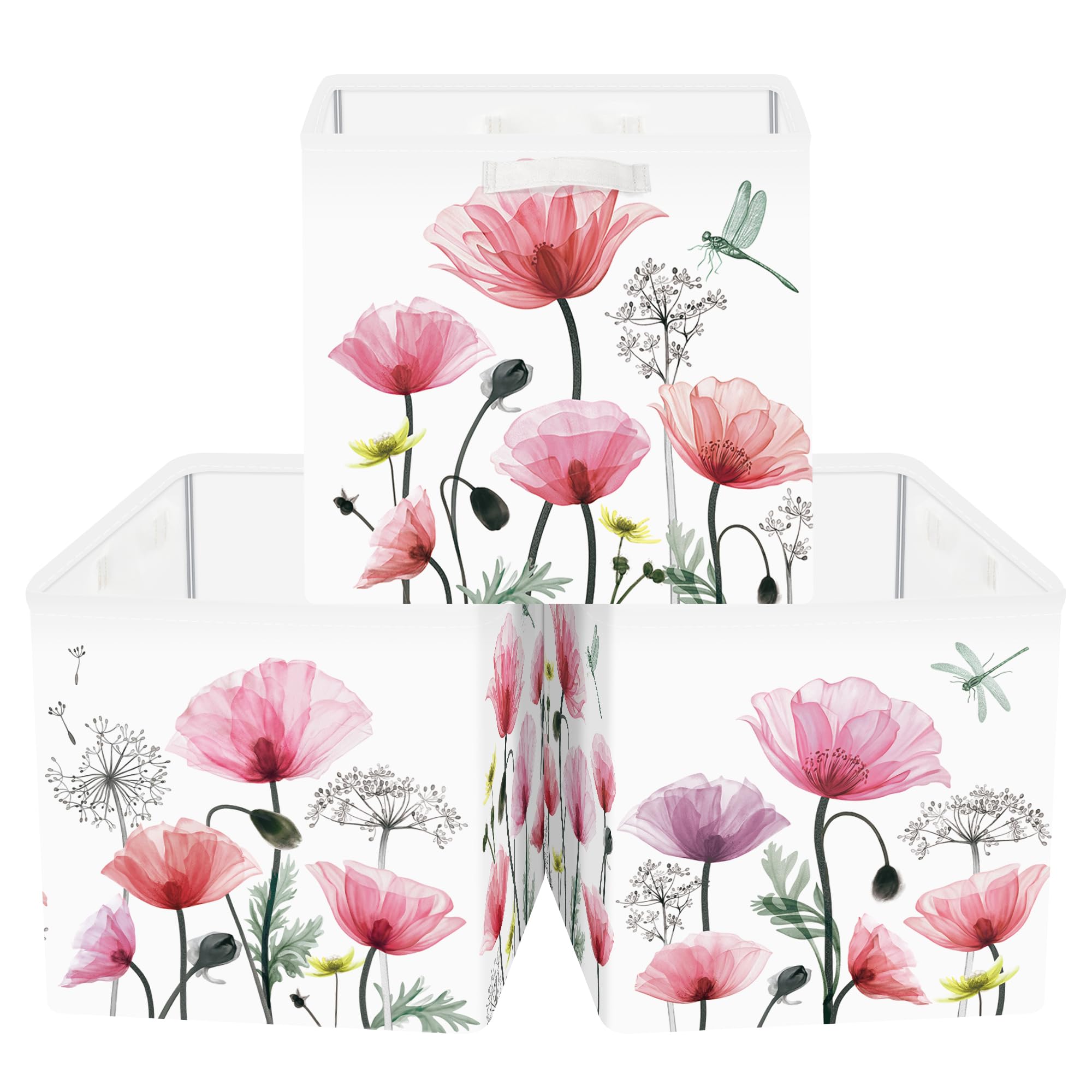 Clastyle 3 pcs Flowers Cube Storage Unit Boxes Foldable Kallax Box for Shelves Parents Storage Baskets for Book Clothes Toy Organizer,Red Poppy,11.8x11.8x11.8 in