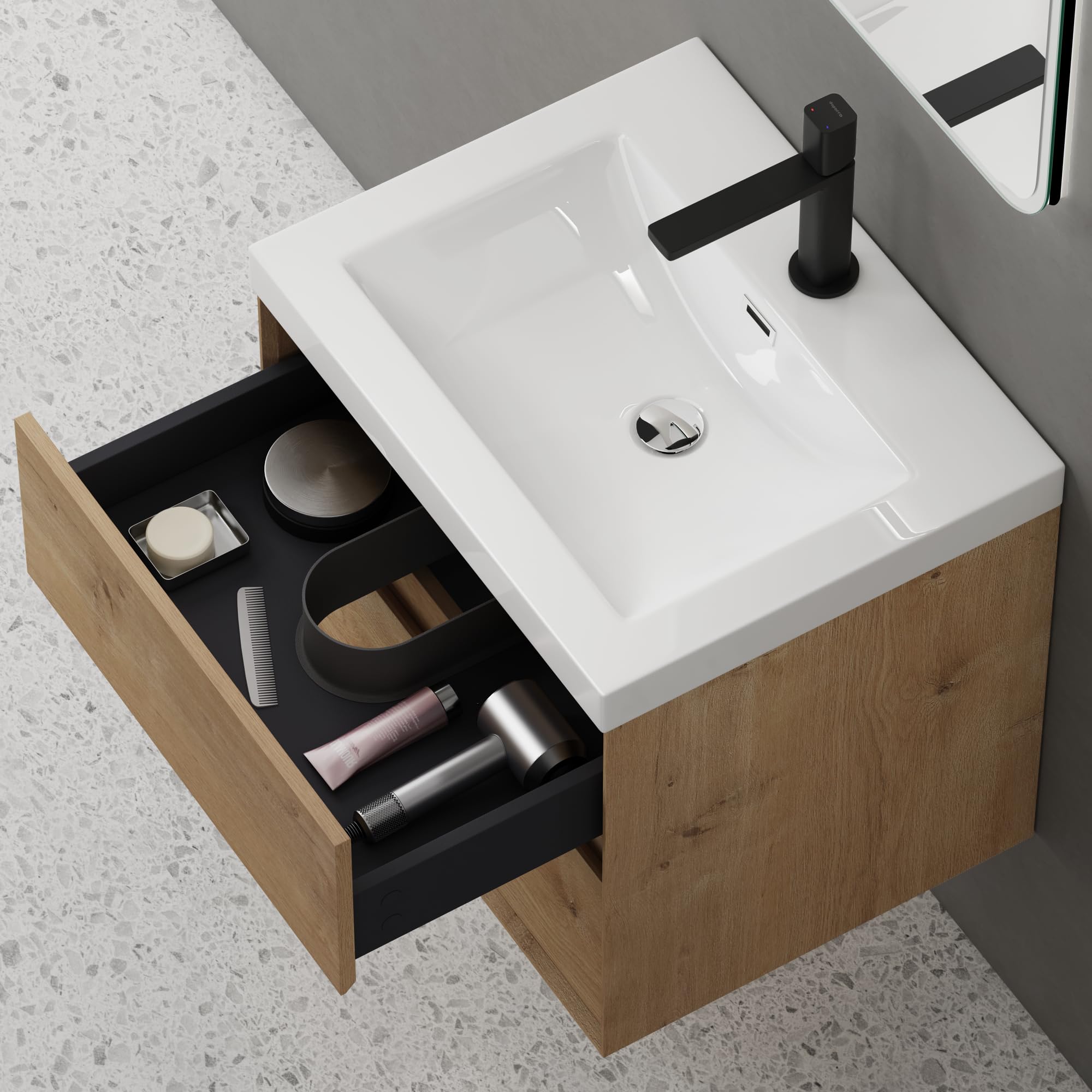 doporro Badmöbel Set Unterschrank in Kerneiche 60cm mit Waschbecken