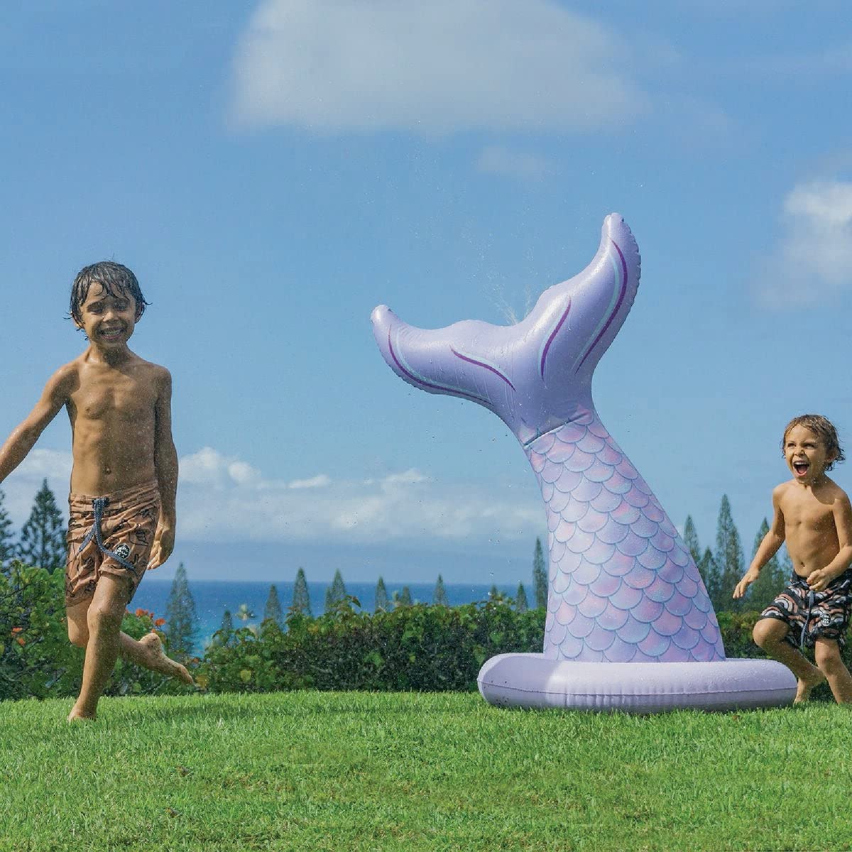 PoolCandy Mermaid Print Inflatable Toys Collection of Pool Floats, Beach Balls, Dipping Pools, Pool Rafts & More. (Mermaid Print Giant Tail Sprinkler)