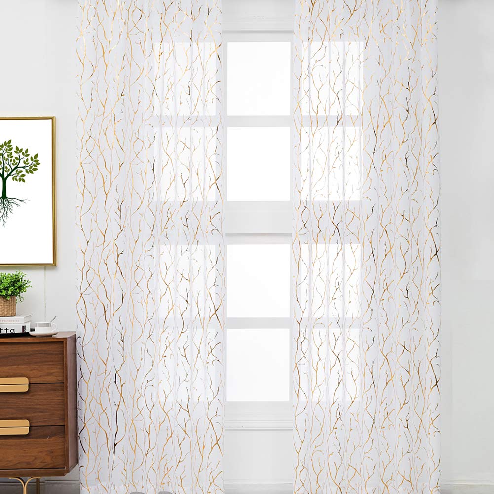 Kotile Gold White Sheer Curtains - Metallic Gold Foil Printed Tree Branch Curtains Grommet Top Window Light Filter Curtains 84 Inch Length, 52 x 84 Inches, 2 Panels, White Gold